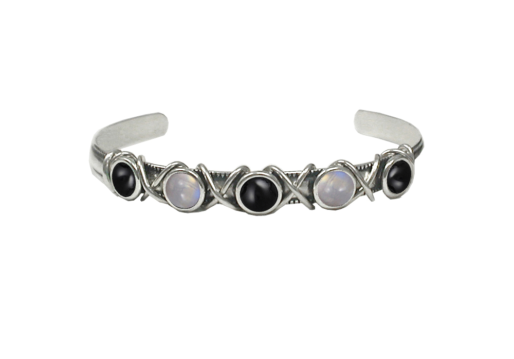 Sterling Silver Cuff Bracelet With Black Onyx And Rainbow Moonstone